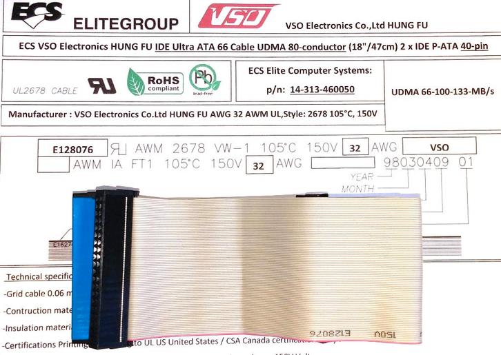 Elitegroup ECS IDE kabel VSO HUNG FU UDMA 80-ader 40-p 47cm, Computers en Software, Pc- en Netwerkkabels, Nieuw, Ophalen of Verzenden