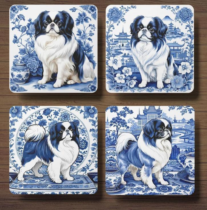 Japanse Chin Delfts Blauw onderzetters met houder, Huis en Inrichting, Woonaccessoires | Onderzetters, Nieuw, Glas of Kopje, Ophalen of Verzenden