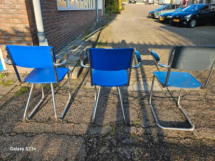 Vintage Gispen Stoelen Jaren 50 - Set van 3, Huis en Inrichting, Stoelen, Gebruikt, Drie, Kunststof, Metaal, Blauw, Ophalen
