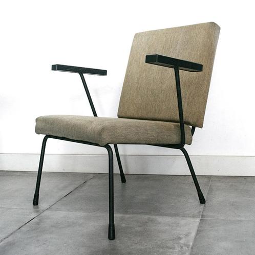 Mid Century, vintage Gispen design fauteuil stoel 1401 beige, Huis en Inrichting, Fauteuils, Gebruikt, Metaal, Stof, Ophalen