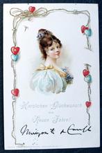 Reliefkaart Nieuwjaarshartjes om dame heen, 1909, Verzenden, Voor 1920, Gelopen, Feest(dag)