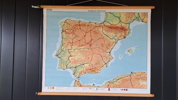 Oude schoolkaart Spanje & Portugal - 103x81cm, Antiek en Kunst, Antiek | Schoolplaten, Aardrijkskunde, Ophalen of Verzenden