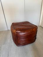 Cognac leren poef / hocker, Huis en Inrichting, Banken | Voetenbanken en Poefen, Ophalen, Minder dan 50 cm, Gebruikt, Vierkant