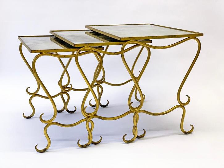 Vintage set tafels mimiset Rene Drouet bijzettafel, Huis en Inrichting, Tafels | Bijzettafels, Gebruikt, Rechthoekig, 45 tot 60 cm