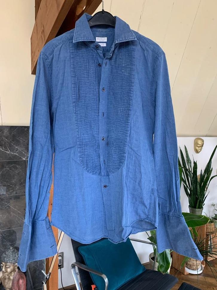 Smoking overhemd Brunello Cucinelli jeans blauw, maat S zgan, Kleding | Heren, Overhemden, Zo goed als nieuw, Halswijdte 38 (S) of kleiner
