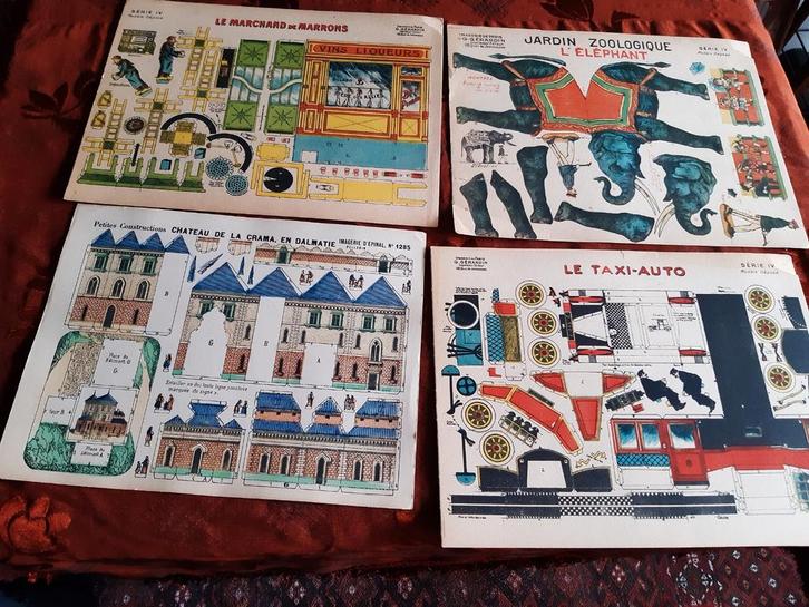 4x antieke franse bouwplaat kasteel dierentuin taxi auto, Antiek en Kunst, Antiek | Speelgoed, Verzenden