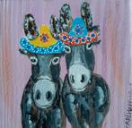 Schilderijtje Ezeltjes op hout in vrolijk acryl, Ophalen of Verzenden