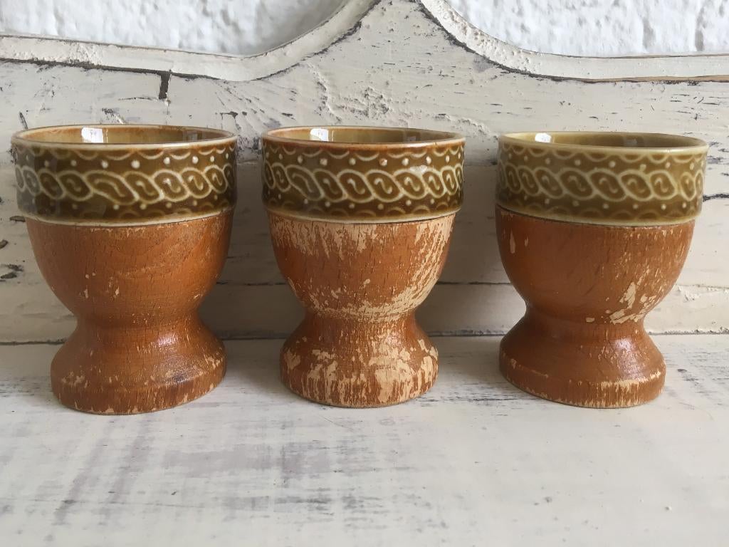 Set van 3 antieke houten eierdoppen eierdopjes, Antiek en Kunst, Ophalen of Verzenden
