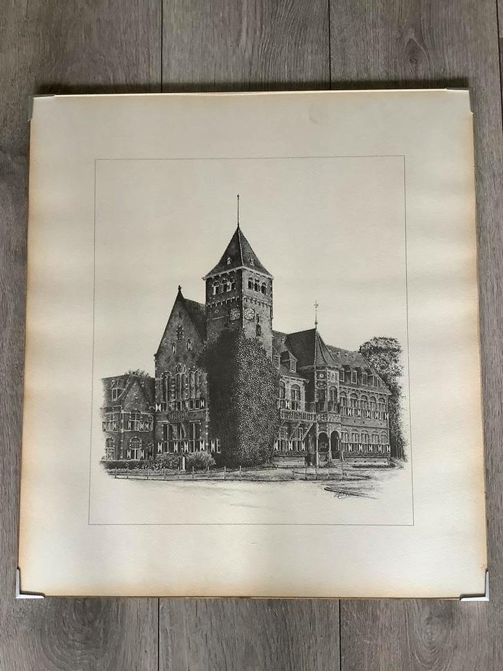Gravure van het gemeentehuis in Zeist, Cees Bijman, Antiek en Kunst, Kunst | Etsen en Gravures, Ophalen
