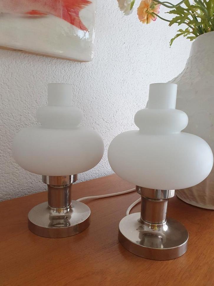 Vintage space age design 70s set nachtlampen, Huis en Inrichting, Lampen | Tafellampen, Gebruikt, Minder dan 50 cm, Glas, Metaal