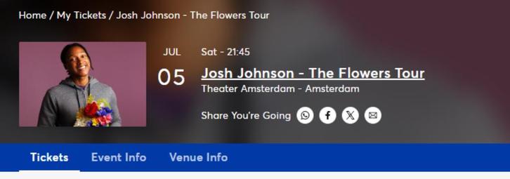 2x Josh Johnson Tickets - Row 2 - 21:45 - Amsterdam, Tickets en Kaartjes, Overige Tickets en Kaartjes, Twee personen