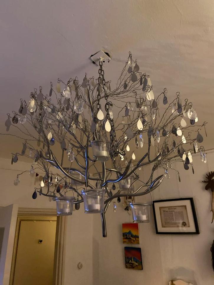 Pentik kroonluchter met kaarsenhouders, Huis en Inrichting, Lampen | Hanglampen, Zo goed als nieuw, 75 cm of meer, Glas, Metaal