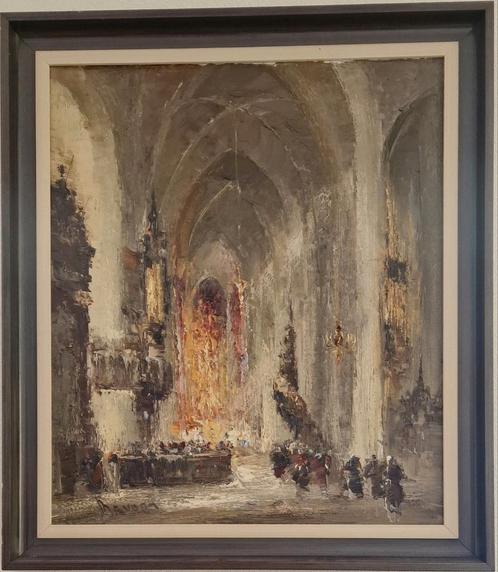 Kerkinterieur van John Bevort (1917-1996)., Antiek en Kunst, Kunst | Schilderijen | Klassiek, Ophalen of Verzenden
