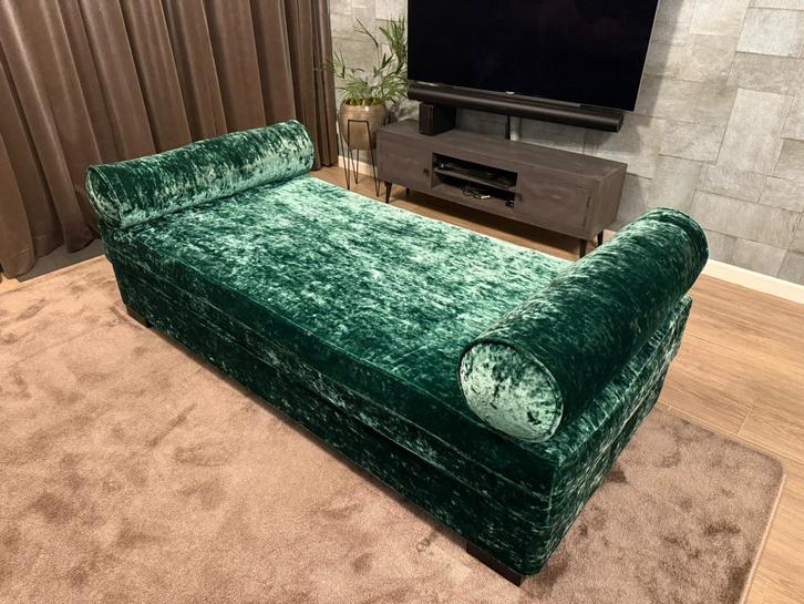 Custom Barok groen velours ottomaan/ligbank, Huis en Inrichting, Banken | Sofa's en Chaises Longues, Zo goed als nieuw, Driepersoons