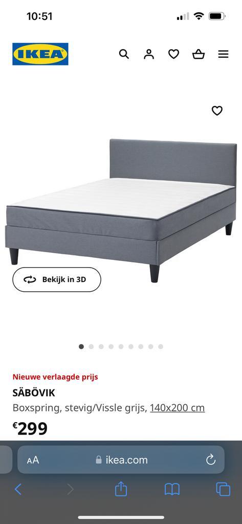 IKEA Sanovik boxspring 140x200, Huis en Inrichting, Slaapkamer | Boxsprings, Zo goed als nieuw, 140 cm, 200 cm, Twijfelaar, Grijs