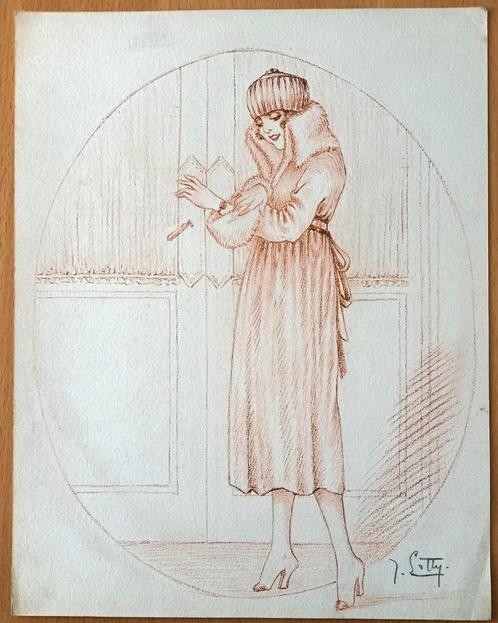 A493-82 Oude tekening Vrouw in bontjas en muts bij deur, Antiek en Kunst, Kunst | Tekeningen en Foto's, Ophalen of Verzenden