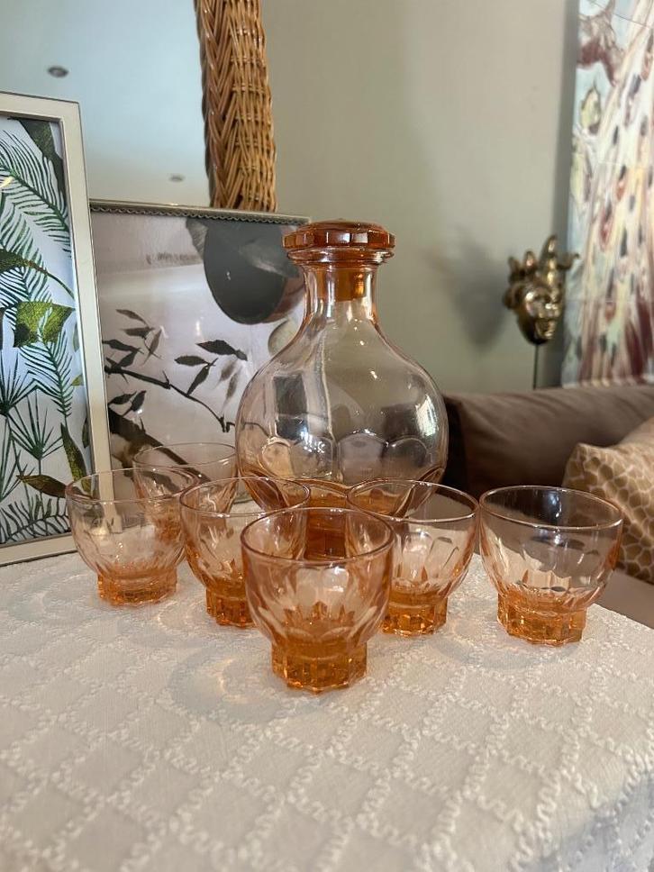 Likeurset roze persglas Luminarc France vintage, Verzamelen, Glas en Borrelglaasjes, Zo goed als nieuw, Overige typen, Ophalen of Verzenden