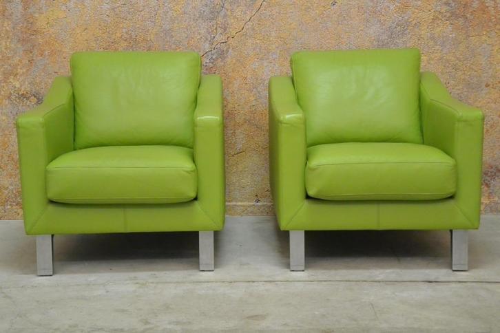 ZGANieuw! 2 groene leren Leolux Antonia design fauteuils!, Huis en Inrichting, Fauteuils, Zo goed als nieuw, Leer, Metaal, 75 tot 100 cm