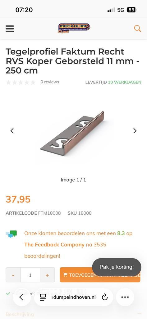 Nieuw Tegelprofiel RVS Koper Geborsteld 250 cm, Ophalen, Nieuw, 60 cm of meer