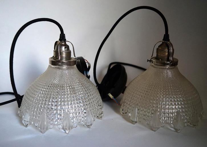 duo vintage antiek holophane hanglamp glas zwart stof snoer, Huis en Inrichting, Lampen | Hanglampen, Gebruikt, 75 cm of meer