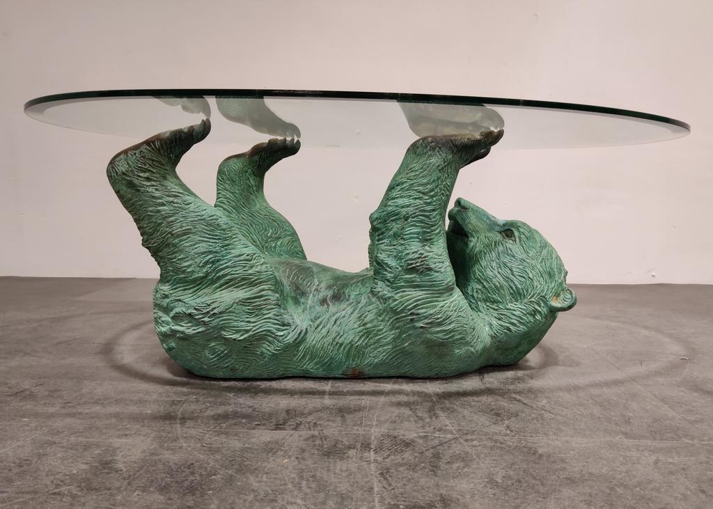 Bronzen sculpturale Beren salontafel Hollywood Regency Belgi, Ophalen, 50 - 100 cm, Beeld, Bruin