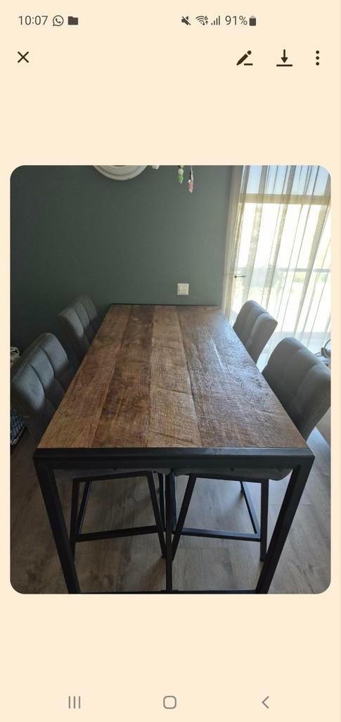 Te koop Bartafel met 4 hoge stoelen kleur grijs., Ophalen of Verzenden, 4 tot 6 stoelen