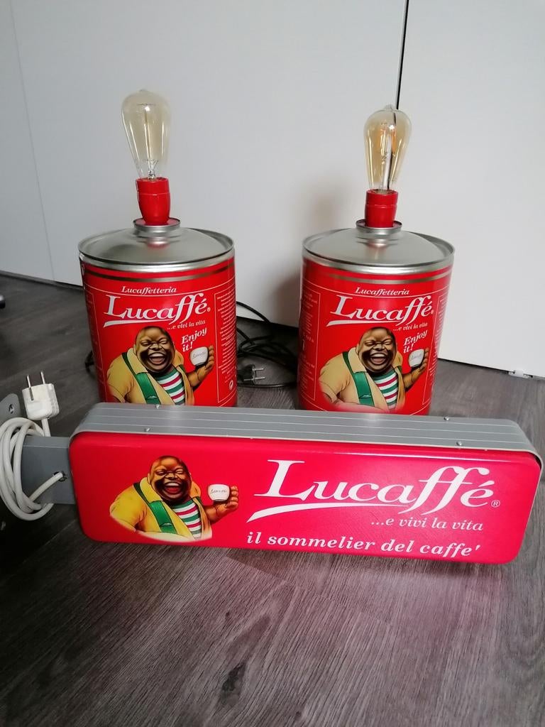 Lucaffé lampen en lichtbak - Unieke set, Ophalen of Verzenden, Gebruikt, Vintage, Industrieel, Koffie thema