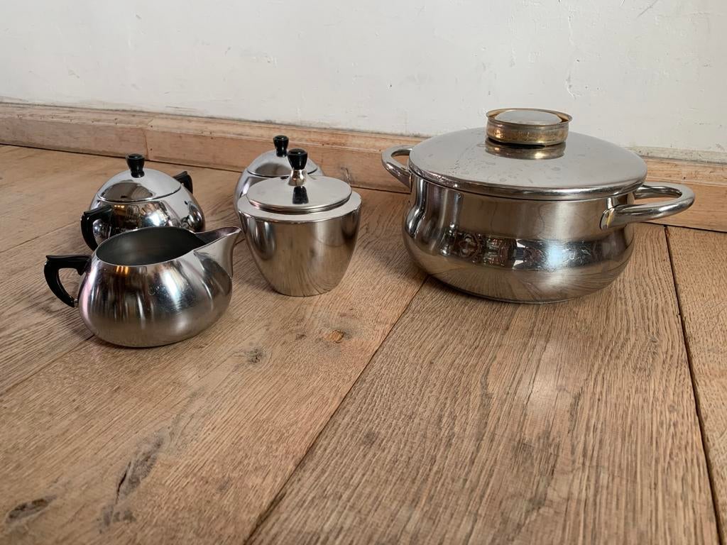 Demeyere pan pannen setje melkkan suikerpot, Verzenden, Zo goed als nieuw, Rvs, Pannenset