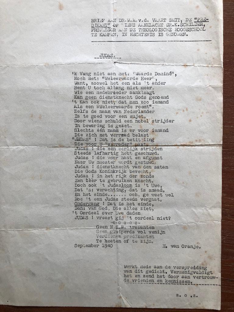Sept. 1940, zeer vroeg verzet. Bede voor Prof. K. Schilder, Verzenden, Overige onderwerpen, Tweede Wereldoorlog, Gelezen