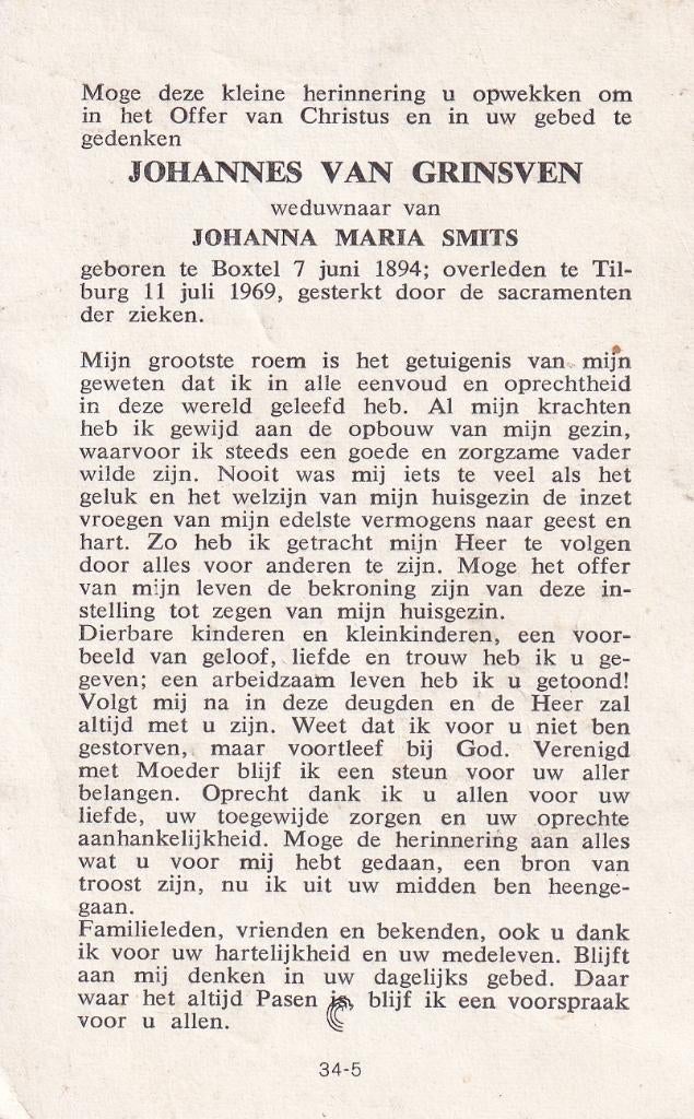Grinsven Johannes 1894 Boxtel 1969 Tilburg, Ophalen, Bidprentje