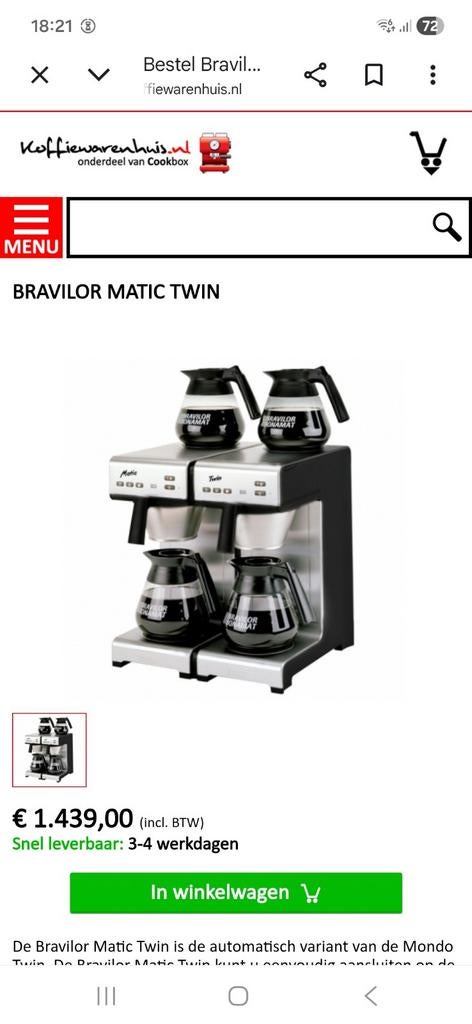 Bravilor Bonamat Matic Twin koffiezetapparaat, 10 kopjes of meer, Ophalen of Verzenden, Nieuw, Koffiemachine