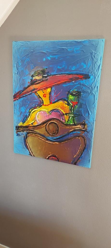 Kleurrijk Schilderij: Vrouw met Hoed en Gitaar, Ophalen