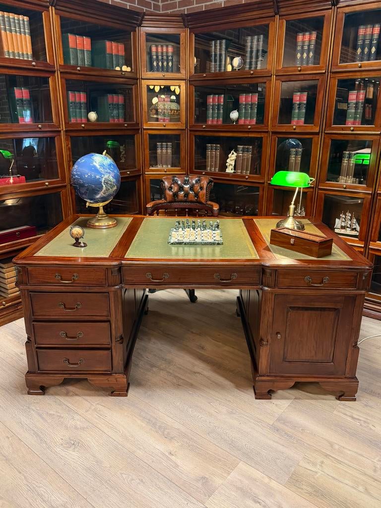 Engels Bureau Partner Desk Mahonie Groen Leer Goudbies 180x1