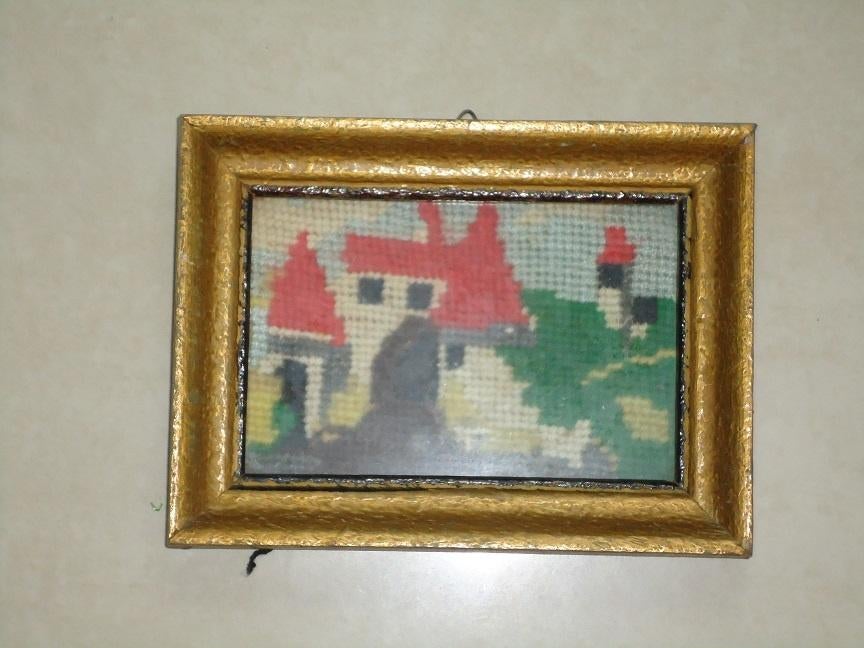 geborduurd schilderijtje met goudkleurig lijstje, 16 cm, Decoratieobject, Ophalen of Verzenden, Zo goed als nieuw
