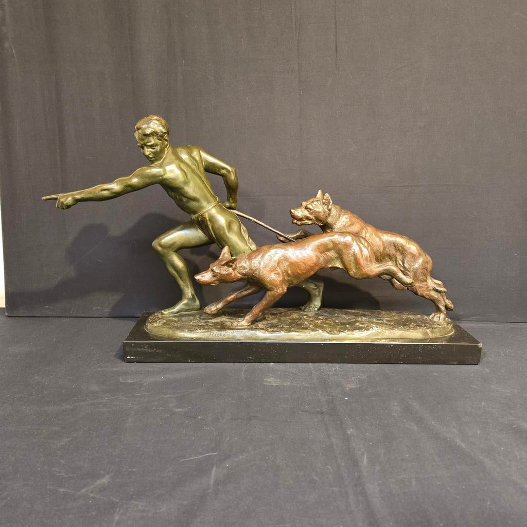 Art deco bronzen beeld. " de Hondentrainer ", Antiek en Kunst, Antiek | Koper en Brons, Ophalen