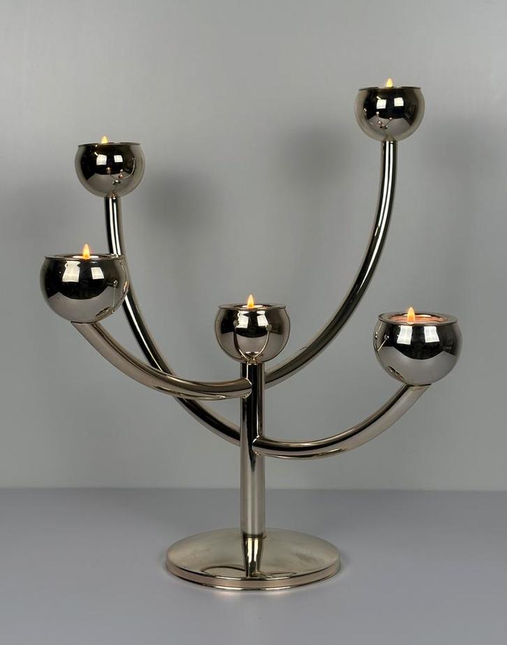 Vintage chroom Spoetnik Dutch Design kandelaar De Bijenkorf, Huis en Inrichting, Woonaccessoires | Kandelaars en Kaarsen, Zo goed als nieuw