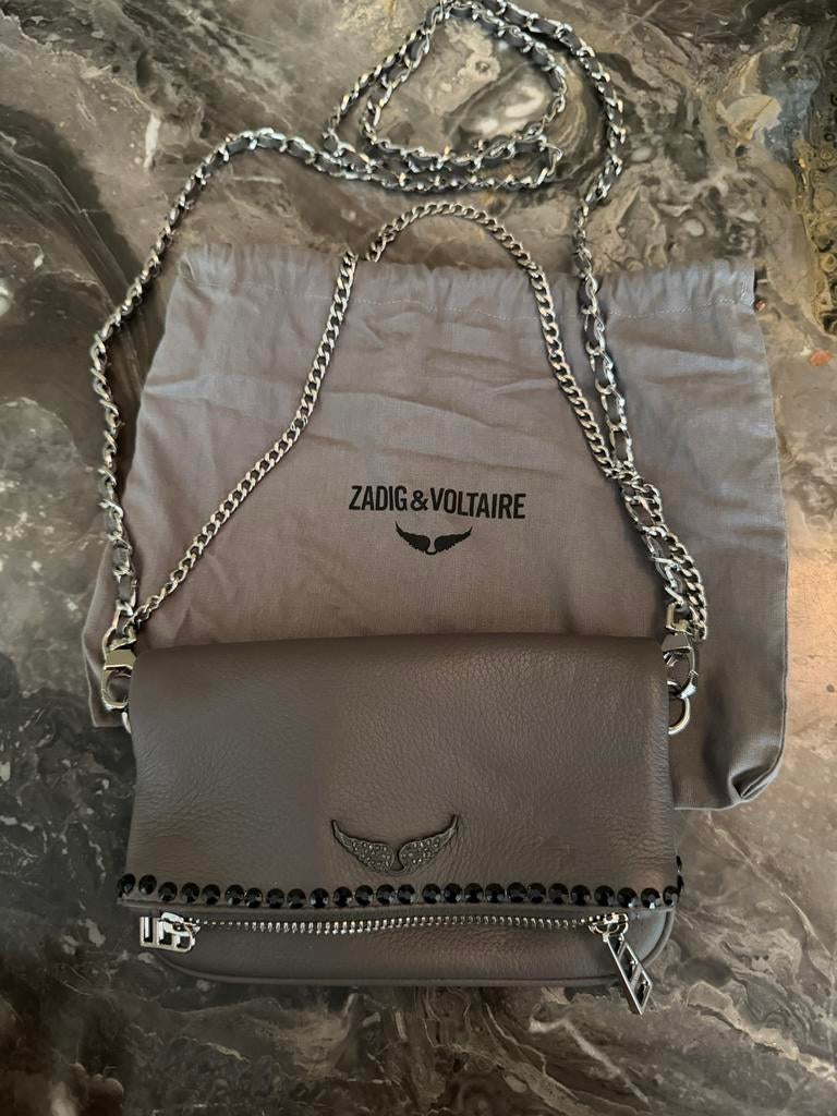 Zadig & Voltaire Rock Nano Tasje - Grijs Leer met Ketting, Ophalen of Verzenden, Zo goed als nieuw, Grijs, Schoudertasje