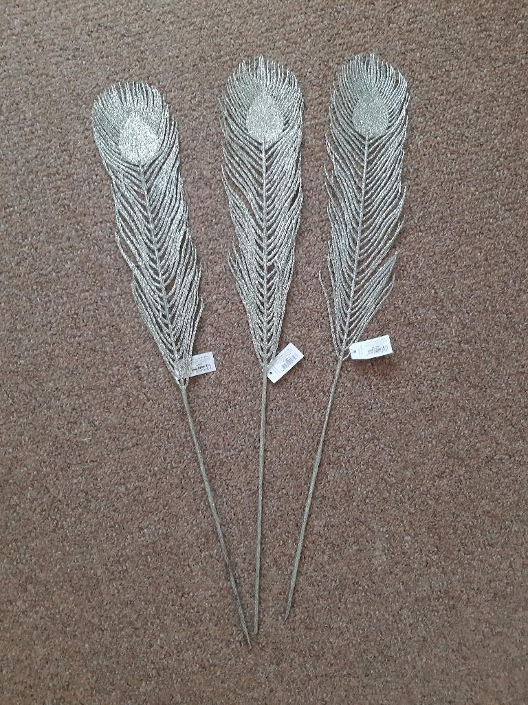 NIEUW - 3 stuks zilverkleurige pauw veren, Huis en Inrichting, Ophalen, Nieuw, Zilver