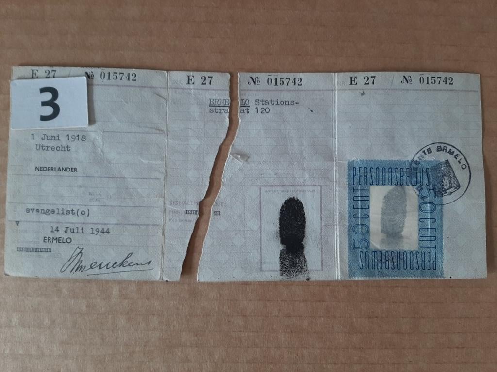 Persoonsbewijs ERMELO  Gelderland Verzet., Verzamelen, Militaria | Tweede Wereldoorlog, Ophalen of Verzenden, Landmacht, Nederland