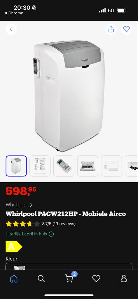 Whirlpool PACW212HP Mobiele Airco /Ventilator, Ophalen, Minder dan 60 m³, 3 snelheden of meer, Zo goed als nieuw