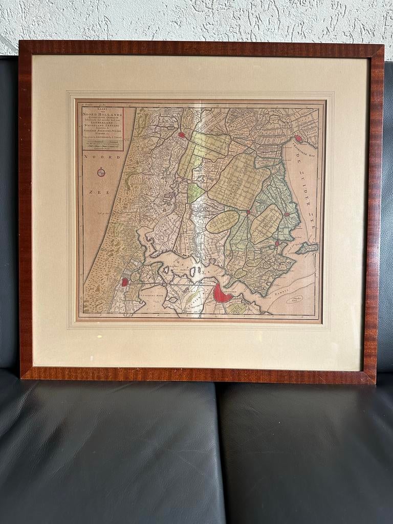 Kaart Noord Holland & West Friesland, ingelijst, Antiek en Kunst, Ophalen, Handgekleurd, Cartografie, Gravure
