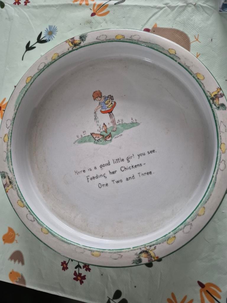 Antiek kinder warmhoudbord met kuikentjes, Antiek en Kunst, Antiek | Servies los, Ophalen of Verzenden
