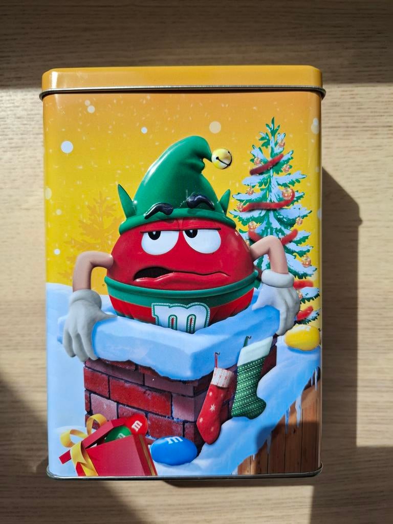 Geel blik M&M kerstblik, Verzamelen, Blikken, Ophalen of Verzenden, Gebruikt, Overige, Overige merken