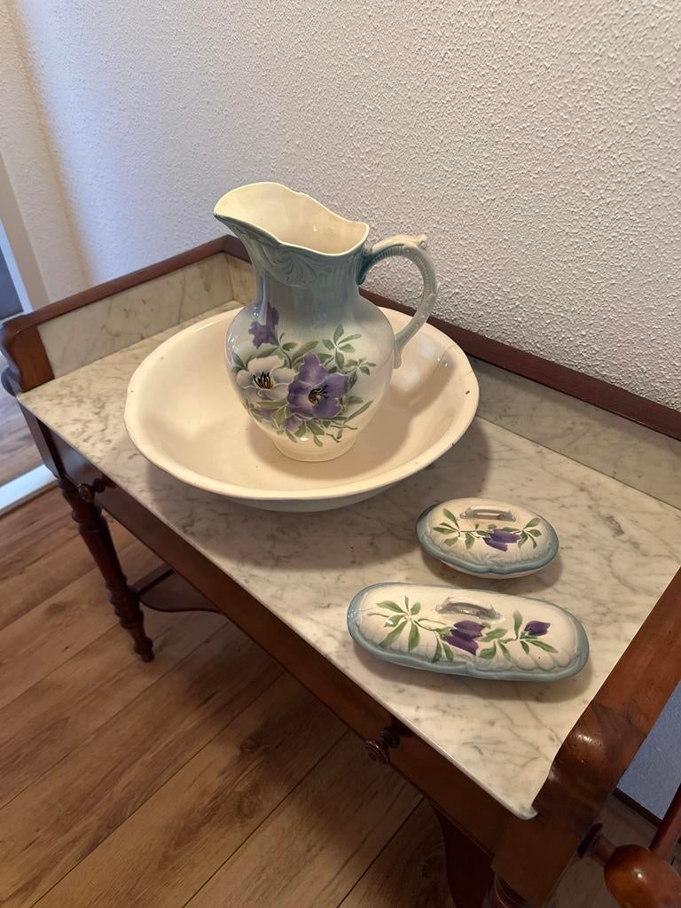 Antieke waskom en kan set met bloemmotief, Antiek en Kunst, Ophalen