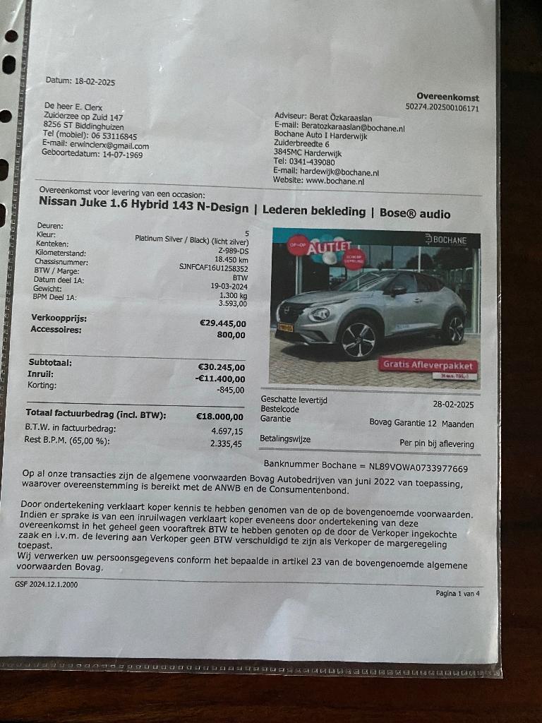 Nissan Juke Hybrid 1.6 Hybrid 143 N-Design Leer & Bose Audio, 1300 kg, 500 kg, 57 €/maand, 20 km/l