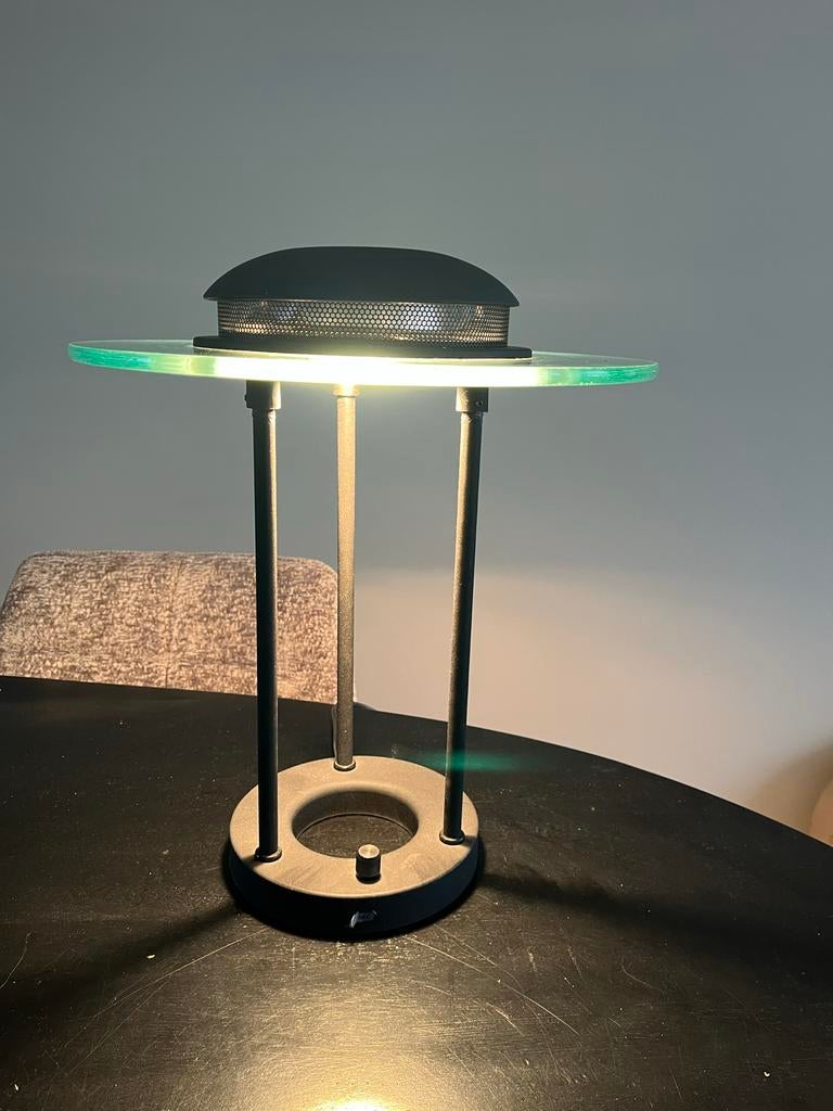 Moderne saturnus UFO tafellamp glas en metaal, Ophalen of Verzenden, Gebruikt, Glas, 50 tot 75 cm