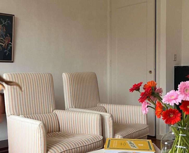 Twee gestreepte fauteuils in nette staat, Huis en Inrichting, Fauteuils, Zo goed als nieuw, Stof, 75 tot 100 cm, Ophalen