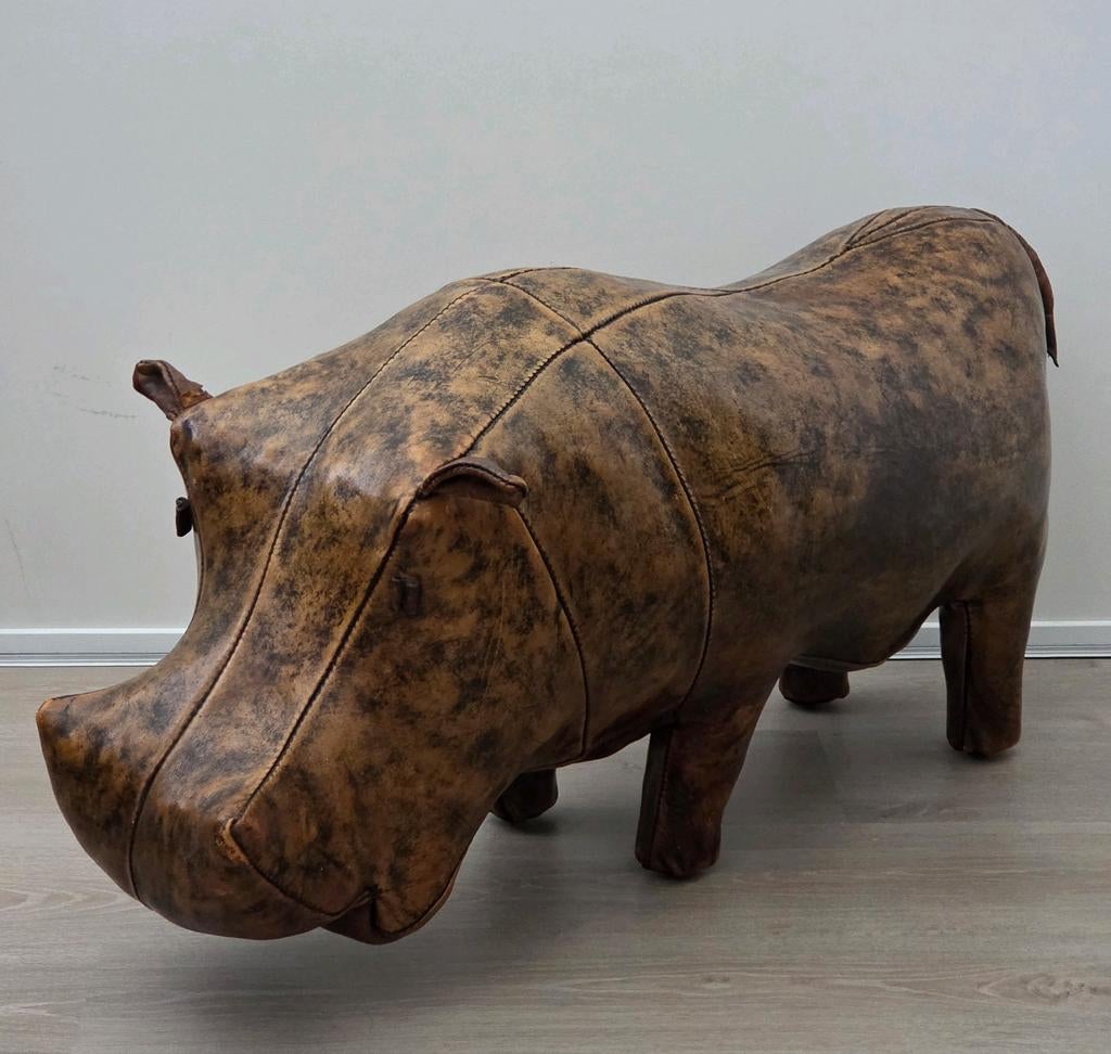 Vintage leren voetenbank Dimitri Omersa nijlpaard, hippo, Ophalen, Gebruikt, Rechthoekig, Leer