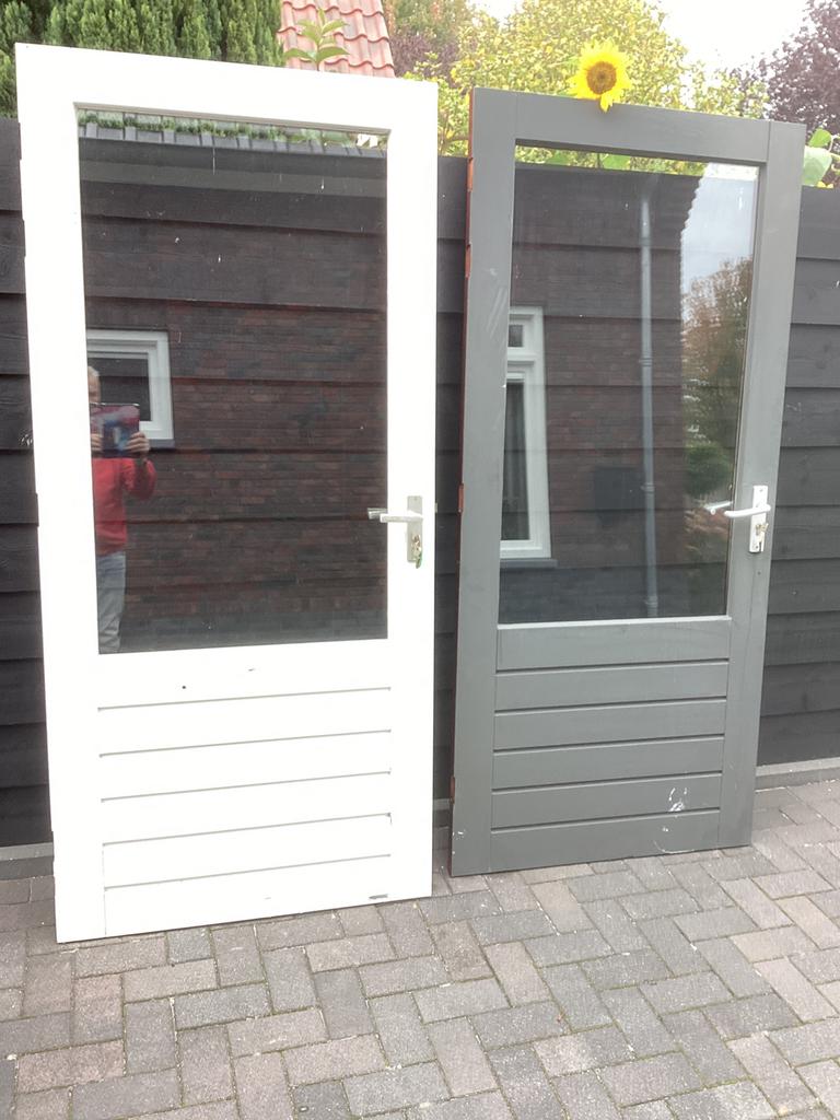 Merbau buiten deuren 201 x 93 cm met thermopane compleet met, Ophalen, Zo goed als nieuw, Buitendeur, 200 tot 215 cm