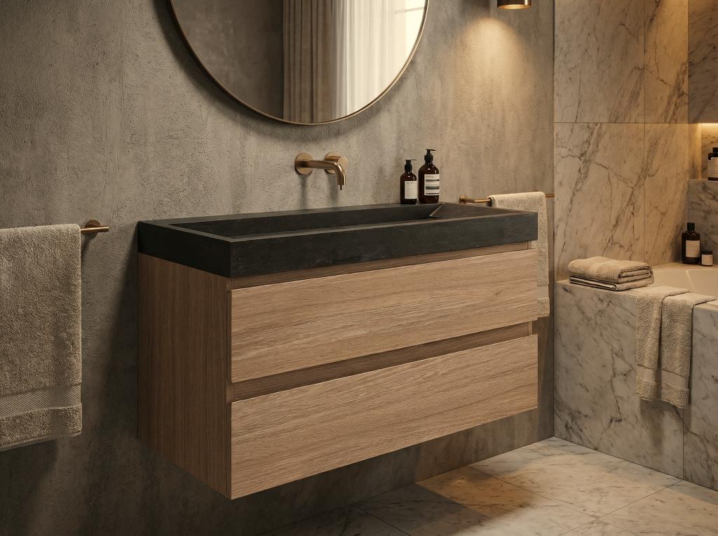 Luxe badmeubelset 100 cm met écht hardstenen wastafel, Huis en Inrichting, Badkamer | Badkamermeubels, Nieuw, Wastafelkast, Minder dan 100 cm